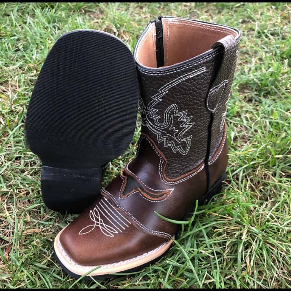 Kid's Western Rodeo Square Toe Genuine Leather Cowboy Brown Boots Bota Niño 550